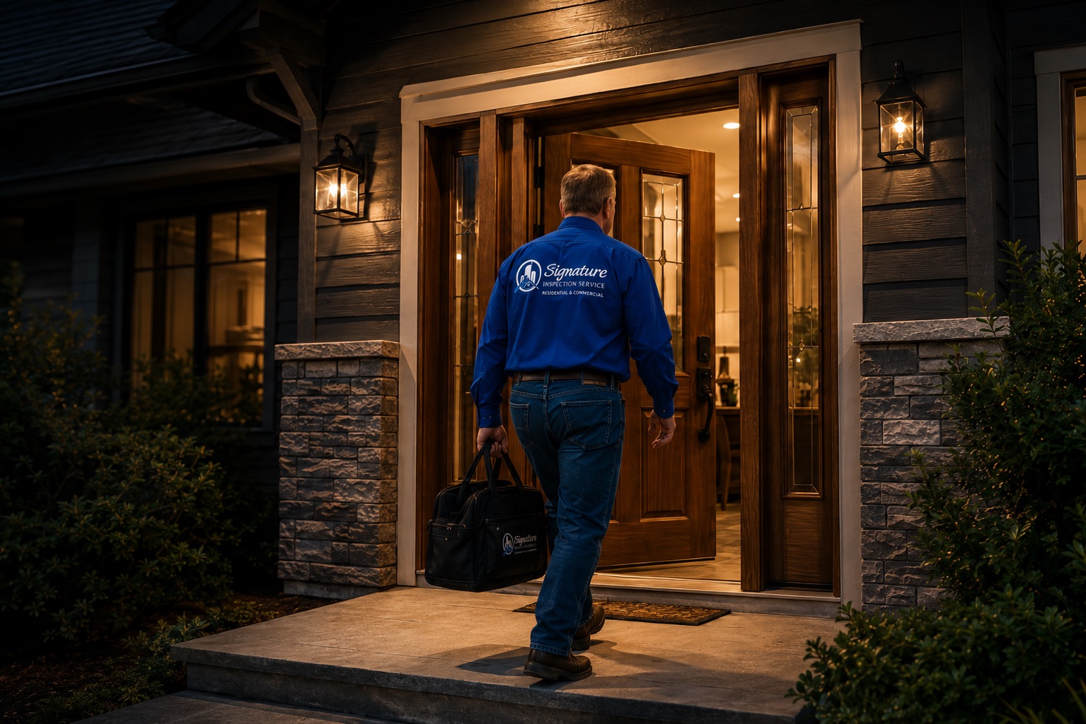 Larry McBain entering an Anchorage home — Signature Inspection Service